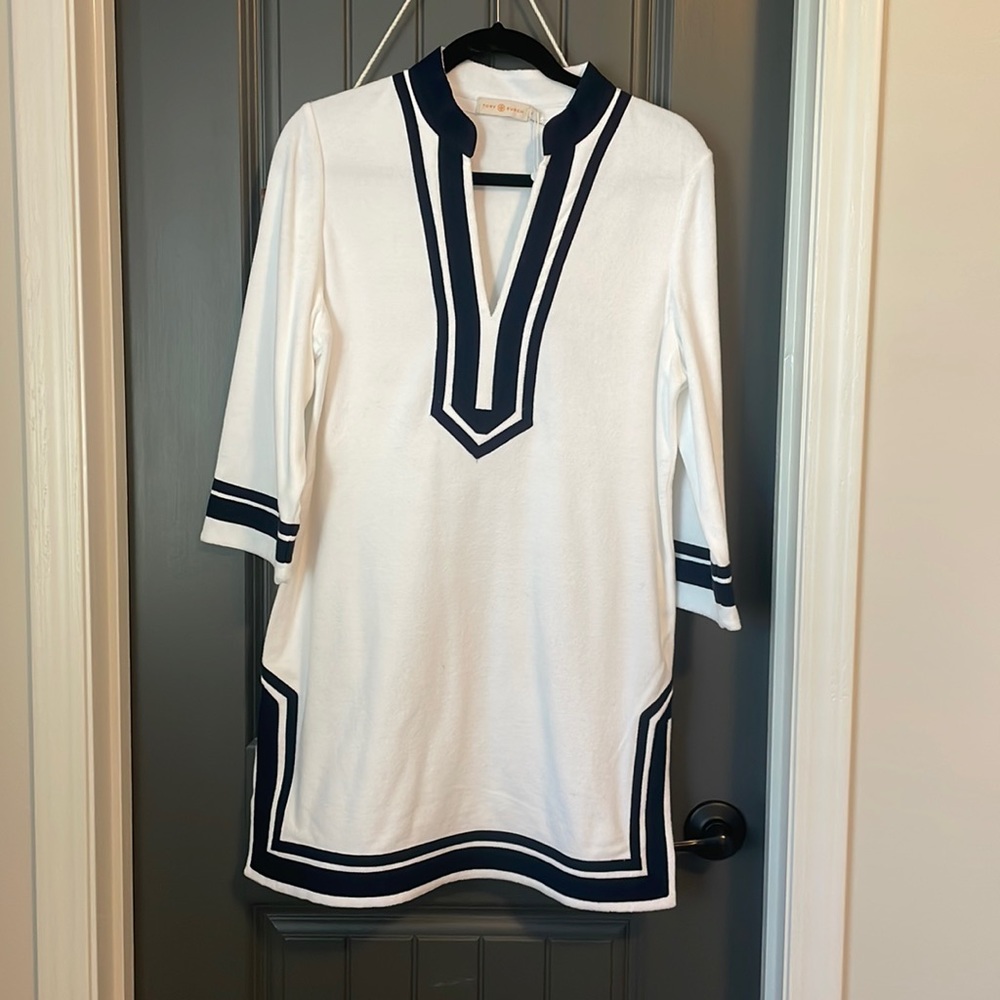 Tory Burch White Tunic Swim Coverup with Navy Trim